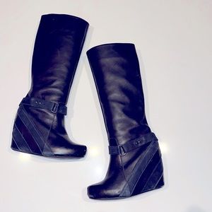 MEA SHADOW black leather zip up wedge knee high boots 37?